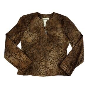 Danny and Nicole NY Blazer Jacket Brown Animal Print Zip Shoulder Pads Size 8